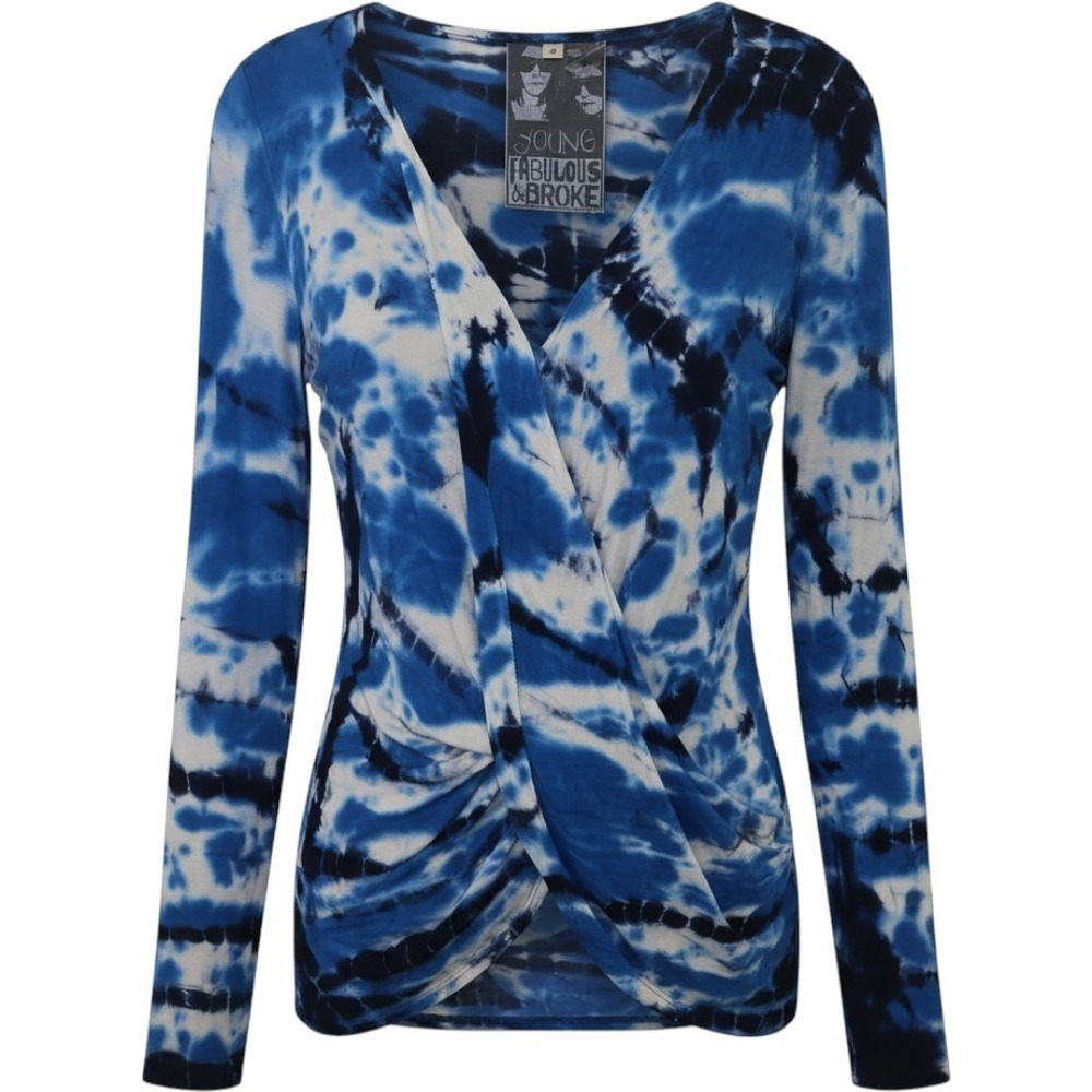 Young Fabulous & Broke Women's Small Blue Tie-dyed Long Sleeve Asymmetrical Top